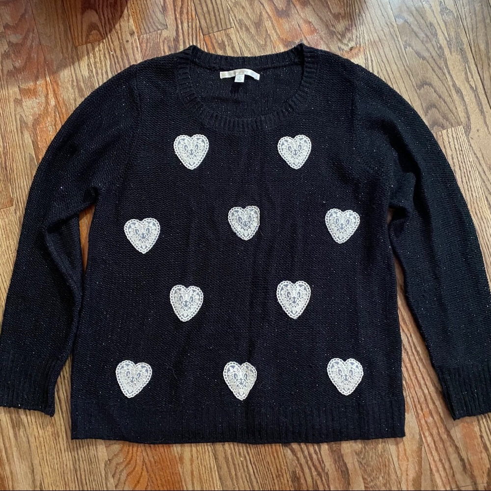 Lauren Conrad LC Black Lurex Lace Heart Sweater